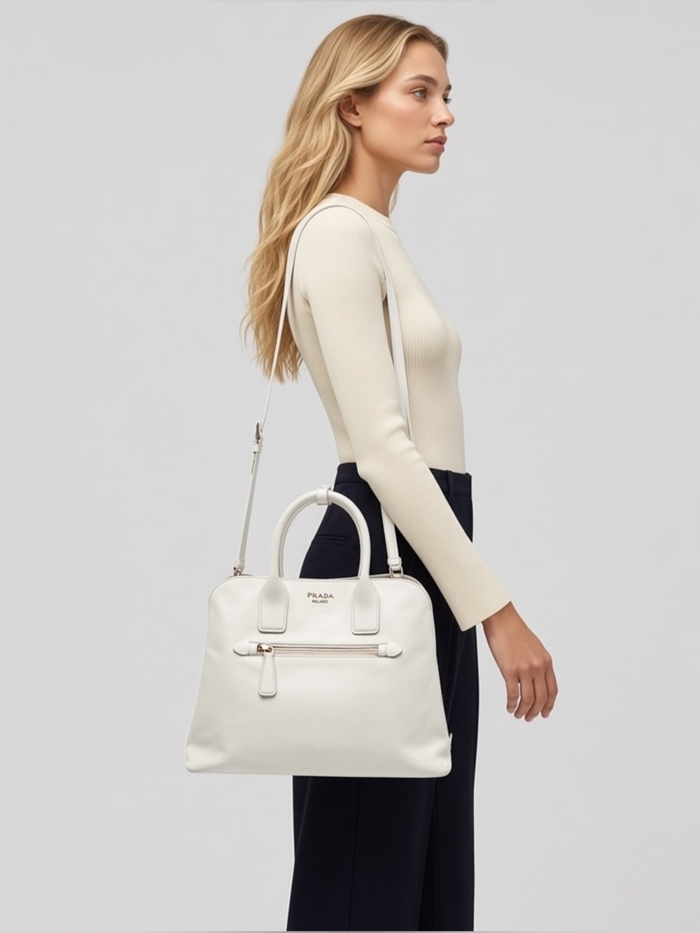 Authentic Prada Talco White Saffiano Cuir Leather 2-Way Satchel Bag BN2554